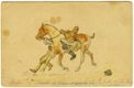 [Caricatura di un fantino che tenta di montare a cavallo